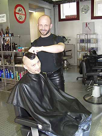 Richard coiffing Ron at Cuts and Curls 
