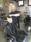 Richard coiffing Ron at Cuts and Curls 